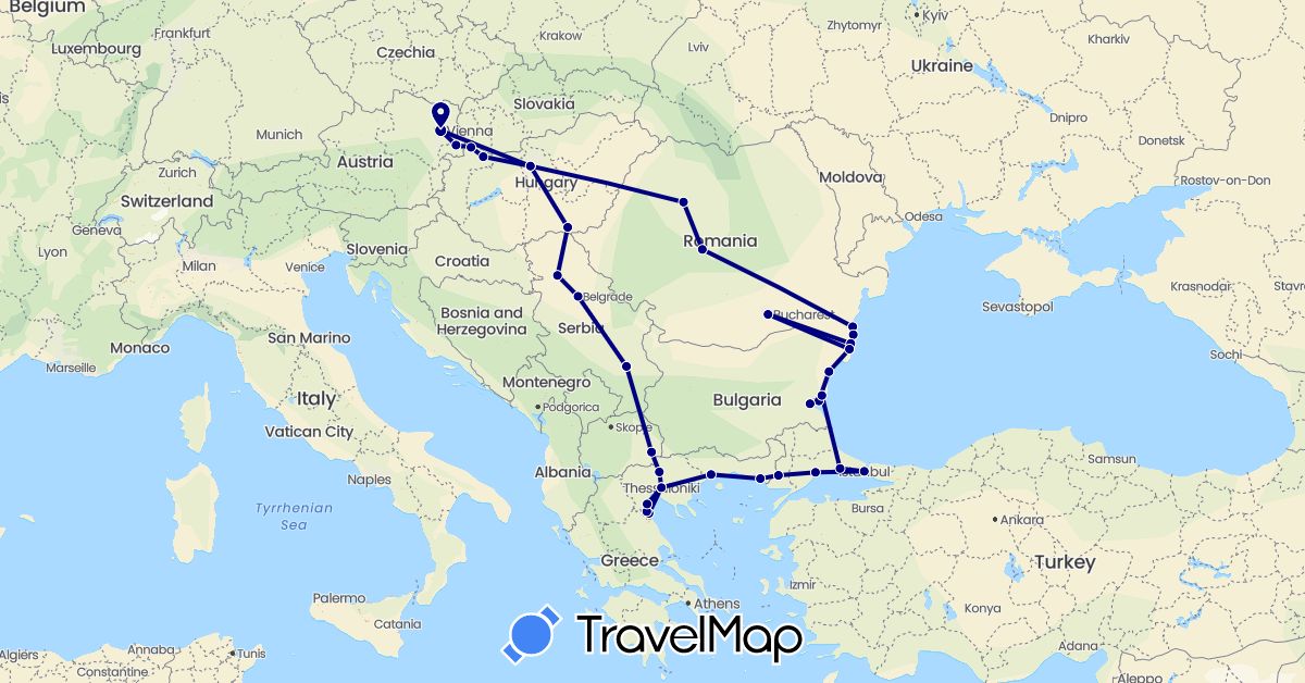 TravelMap itinerary: driving in Austria, Bulgaria, Greece, Hungary, Macedonia, Romania, Serbia, Turkey (Asia, Europe)